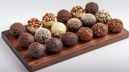 Poster - Assorted handmade chocolate truffles with different toppings like nuts and sprinkles, arranged on a wooden cutting board, rich and indulgent, with copy space.