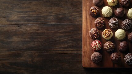 Poster - Assorted handmade chocolate truffles with different toppings like nuts and sprinkles, arranged on a wooden cutting board, rich and indulgent, with copy space.
