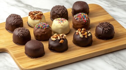 Poster - Assorted handmade chocolate truffles with different toppings like nuts and sprinkles, arranged on a wooden cutting board, rich and indulgent, with copy space.
