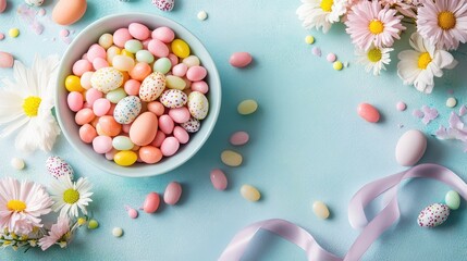 Poster - A bowl filled with pastel jelly beans and candy-coated chocolate eggs, surrounded by soft spring flowers and ribbons, bright and cheerful, with copy space.