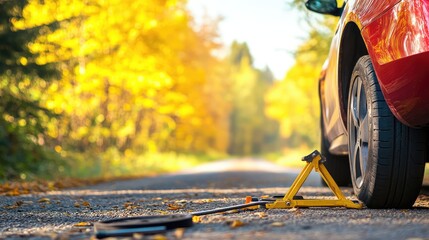 Poster - A car jack lifting a car on the side of the road, with tools positioned nearby, ready for the process of replacing the flat tire.
