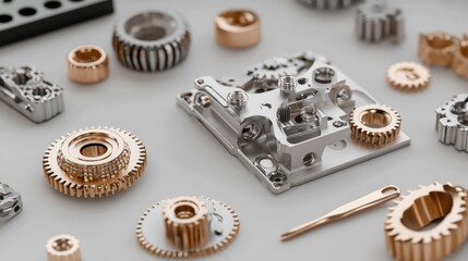 Poster - A close-up of a broken gear system with visible wear and tear, with tools and gear parts laid out for the repair process.