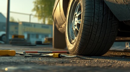 Poster - A close-up of a car tire on a car jack, ready for a tire change with tools laid out on the ground, emphasizing the process of car maintenance.
