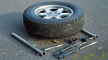 Poster - A close-up of a car tire on a car jack, ready for a tire change with tools laid out on the ground, emphasizing the process of car maintenance.