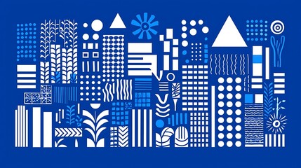 Poster - Geometric abstract composition of various shapes with different colors on blue