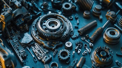Poster - A close-up shot of a broken car gearbox with gear parts and springs laid out on a clean surface, indicating the gear system repair process.