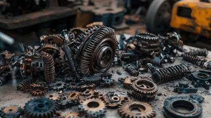 Poster - A close-up shot of a broken car gearbox with gear parts and springs laid out on a clean surface, indicating the gear system repair process.