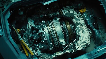 Poster - A close-up shot of the gears inside a car's transmission system, with the surrounding repair tools, indicating ongoing repair work.