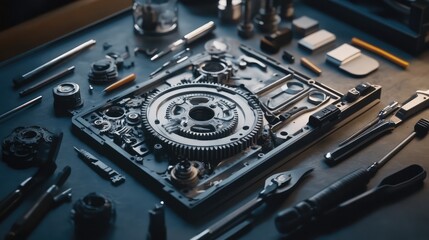Poster - A close-up view of a car's broken gear system with internal parts exposed, with the necessary tools arranged around for the repair process.
