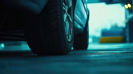Poster - A close-up view of a car jack positioned under a vehicle, lifting the car in preparation for a tire change, with ample space for visual clarity.