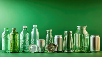 Poster - A collection of neatly sorted plastic bottles, aluminum cans, and glass jars on a clean surface, ready for recycling, with a green background representing sustainability.