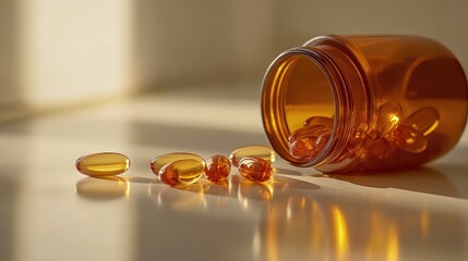 Poster - A few fish oil capsules next to an open bottle on a light-colored surface, surrounded by copy space for product branding or marketing messages.