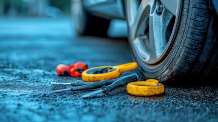 Poster - A flat tire with a wheel and rim removed, showing tools ready for use in a tire change, with clear space for product display or design.