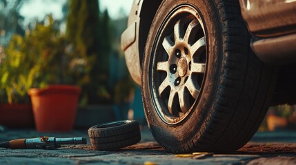 Poster - A flat tire with a wheel and rim removed, showing tools ready for use in a tire change, with clear space for product display or design.