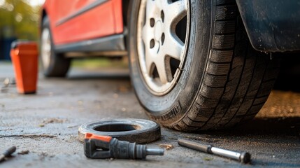 Poster - A flat tire with a wheel and rim removed, showing tools ready for use in a tire change, with clear space for product display or design.