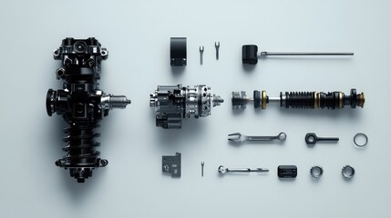 Poster - A focused view of a car's gear system components, with tools like wrenches and screwdrivers ready for the repair job.