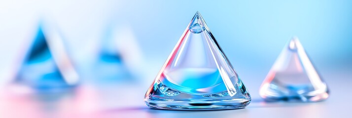 Crystal Pyramid Objects with Water Droplets on Soft Light Background