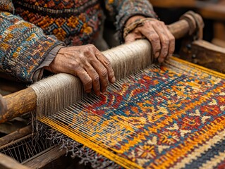 Wall Mural - artisan's craft: a skilled artisan meticulously works on a traditional weaving loom, showcasing the 