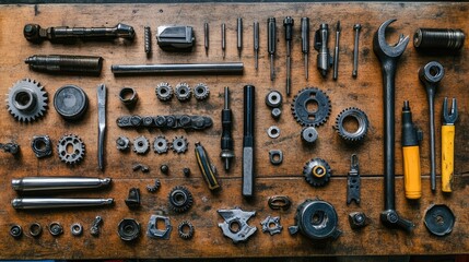 Poster - A mechanic's tools and parts of a broken gear system arranged neatly on a workbench, with clear space for the repair process.