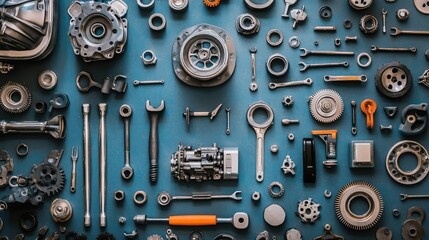 Poster - A mechanic's tools including wrenches and screwdrivers, with car gear parts laid out for the repair of the gear system.