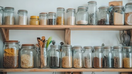 Poster - A minimalist kitchen with glass jars and stainless steel containers to promote reducing plastic waste.