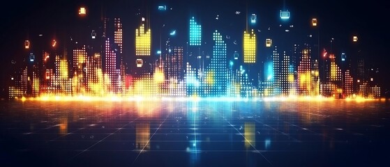 Poster - Futuristic city skyline with digital elements and vibrant reflections