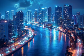 Poster - Cityscape at night with traffic lights and cars appearing blurred