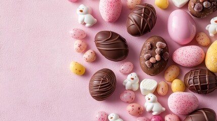 Poster - Close-up of Easter sweets including chocolate eggs, sugar-coated jelly beans, and marshmallow chicks placed on a soft pastel-colored surface, fresh and colorful, with copy space.