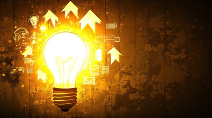 Poster - Bright Light Bulb Surrounded by Arrows and Icons Representing Ideas, Innovation, and Growth on a Grunge Background