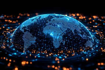 Poster - General virtual money concept, banner with an abstract view of business and crypto technology. A digital world depicted as a planet within the cyber Earth