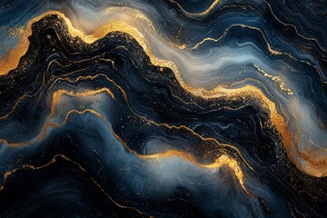 Poster - An abstract wallpaper with a golden fluid texture background. It showcases a moving flow pattern in yellow liquid gold. Suitable for stock