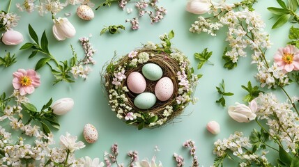 Poster - Easter nest with eggs surrounded by spring flowers and leaves, natural tones, arranged on a soft pastel surface, copy space included.