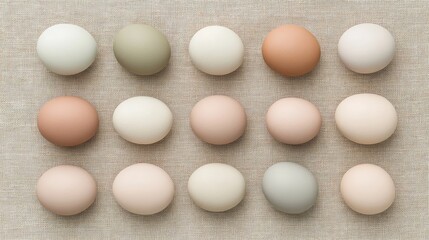 Poster - Flat lay of Easter eggs painted in soft pastel shades, neatly placed on a textured beige linen fabric with copy space in the center.