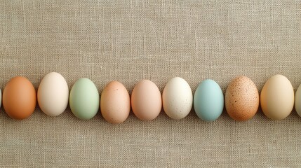 Poster - Flat lay of Easter eggs painted in soft pastel shades, neatly placed on a textured beige linen fabric with copy space in the center.