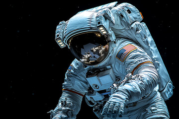 Wall Mural - Astronaut in a spacesuit against the blackness of space a mirrored reflection in the helmet.