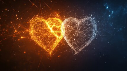 Fototapete - Two Abstract Hearts Formed by Dynamic Sparks and Glowing Particles in Orange and Blue Color Palettes