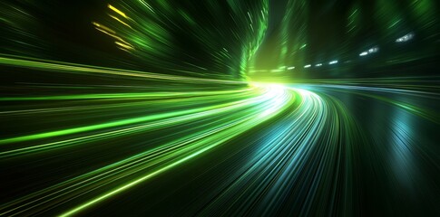 Poster - An abstract background with a dynamic green motion blur and bright light, complemented by gradient green lines