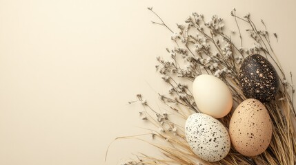 Poster - Minimalist Easter card with a delicate dried floral arrangement on a soft beige background, simple and stylish, with copy space.
