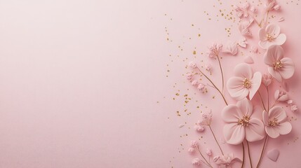Poster - Minimalist Easter card with an embossed floral pattern, placed on a light pink background with tiny golden speckles, modern and stylish, with copy space.