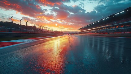 Poster - A grandstand stadium adorns an F1 race track circuit road with motion blur, setting the scene for thrilling Formula One races