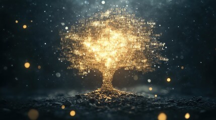 Poster - Glowing Digital Tree Made of Words in a Mysterious and Enchanting Environment with Soft Bokeh Effects