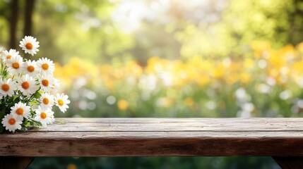 Poster - Rustic Easter card resting on an old wooden bench, with a background of blurred spring flowers, vintage and nostalgic, with copy space.