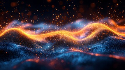Poster - Energetic blue and gold waves moving fluidly over a dark background