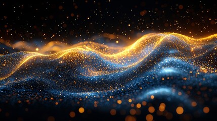 Poster - Waves of blue and gold energy, dynamically flowing against a black background