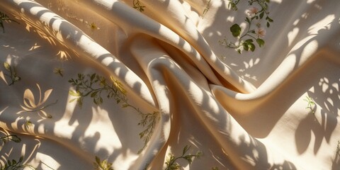 Poster - Soft fabric draped artistically with delicate floral embroidery and intricate shadows from nearby foliage