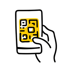 Poster - Hand holding phone with QR code on screen, line art style. Use for mobile, technology, and scanning concepts.