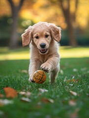 Poster - Energetic puppy joyfully plays with a ball in a lush green park during a sunny afternoon