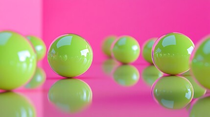 Poster - Lime Green Spheres Reflecting on Pink Surface: A Minimalist Abstract Composition