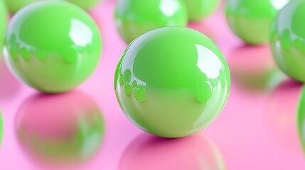 Poster - Abstract Green Spheres on Pink Background: A Study in Glossy Reflections and Minimalist Design