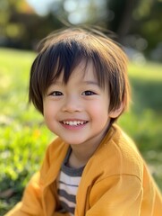 Poster - Smiling child enjoys a sunny day in the park with vibrant green grass in the background
